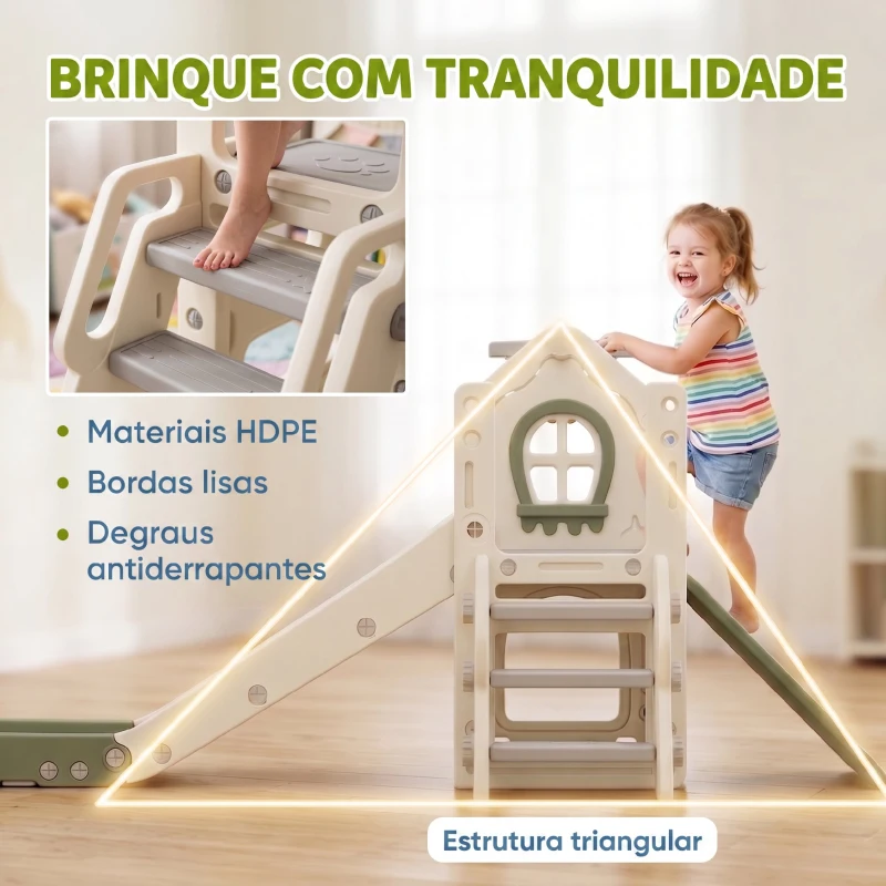 AIYAPLAY Escorrega Infantil Dobrável 4 em 1 com Trepador, Aro de Basquetebol, Bola, Arrumação e Degraus Creme