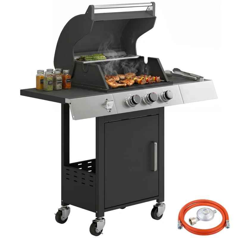 Outsunny Barbacoa de Gas con 3 Quemadores 8,1 kW Termómetro Parrillas Mesas Laterales Armario y Ruedas 109x50x109 cm Negro