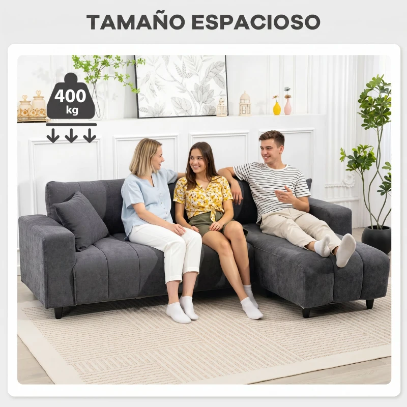 HOMCOM Sofá Chaise Longue Reversible de 3 Plazas 2 Almohadas Tapizado en Lino Marco de Acero 242x156x87 cm Gris Oscuro