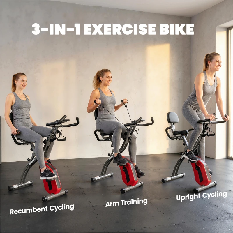 SPORTNOW 3-In-1 Folding Exercise Bike with Resistance Bands, Bluetooth App, 8-Level Magnetic Resistance, LCD Display, Red
