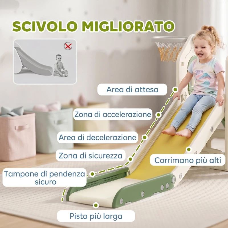 AIYAPLAY Scivolo per Bambini 1-3 Anni con Arrampicata, Canestro, Spazio Portaoggetti e Gradini antiscivolo, Crema