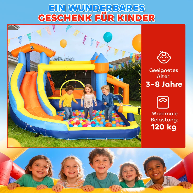 AIYAPLAY 8-in-1 Hüpfburg mit Gebläse Rutsche Planschbecken Trampolin Kletterwand für Indoor Outdoor 350x325x210cm Mehrfarbig