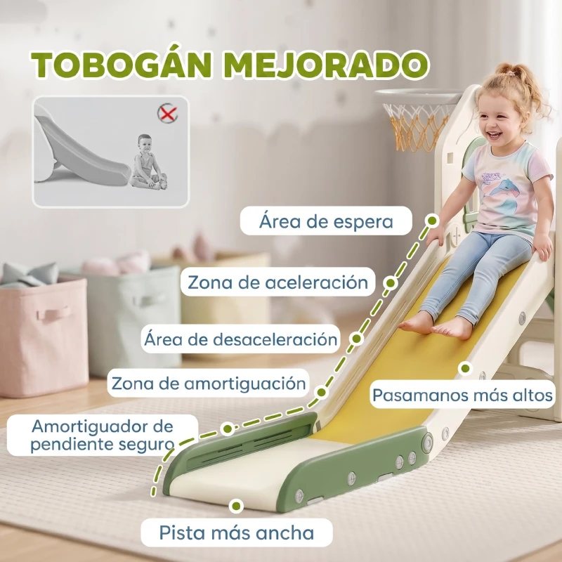 AIYAPLAY Tobogán Infantil Plegable 4 en 1 con Escalador Aro de Baloncesto Pelota Almacenamiento y Peldaños Crema