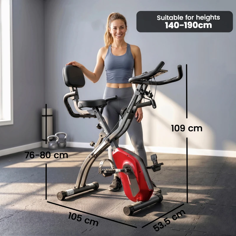 SPORTNOW 3-In-1 Folding Exercise Bike with Resistance Bands, Bluetooth App, 8-Level Magnetic Resistance, LCD Display, Red