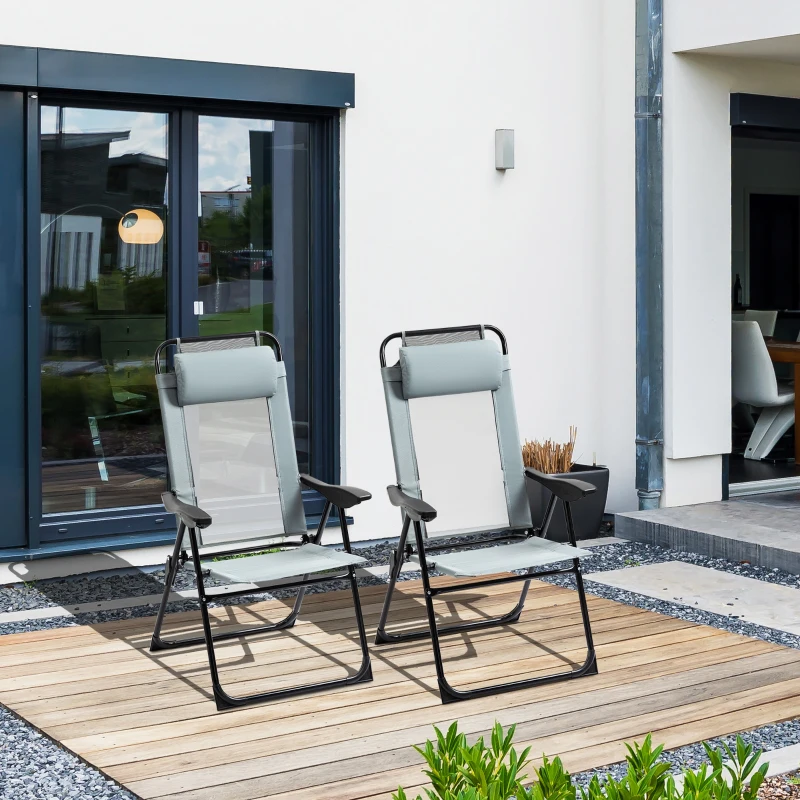 Outsunny Set of 2 Portable Folding Recliners Metal Outdoor Patio Chaise Lounge Chairs with Adjustable Backrest, Grey