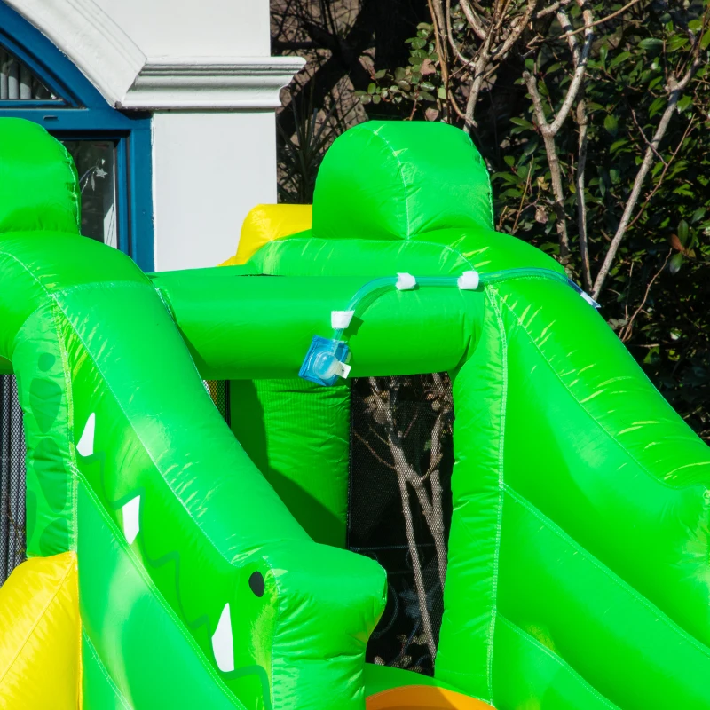 Outsunny Kids Bouncy Castle, 5 in 1 Large Crocodile Style Inflatable House Water Pool for Kids Age 3-8, Green