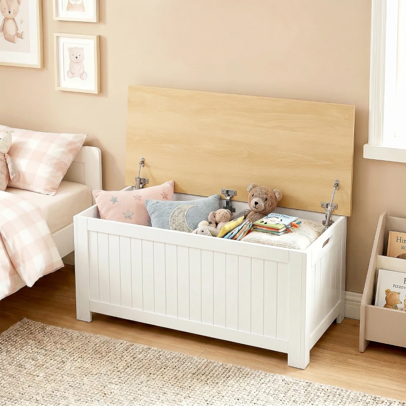 HOMCOM Cufăr de depozitare 90 L cu capac Cufăr versatil cu balama de siguranță 80,5x40x46,4 cm Natural și Alb