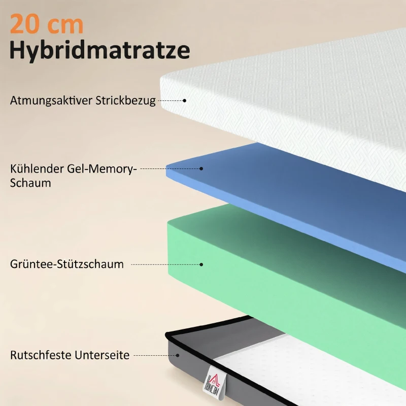 HOMCOM Matratze 140x200cm H3 mittelfest 20 cm Höhe Ergonomisch, Atmungsaktiv  aus Gel-Memory-Schaumstoff, Öko-Tex & CertiPUR