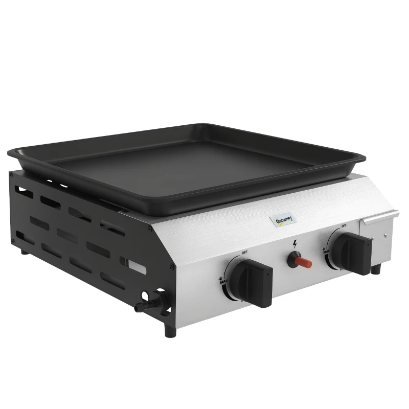 Outsunny Plancha a Gas 2 Bruciatori in Acciaio Inox Smaltato Antiaderente, 44x44.5x19 cm, Argento