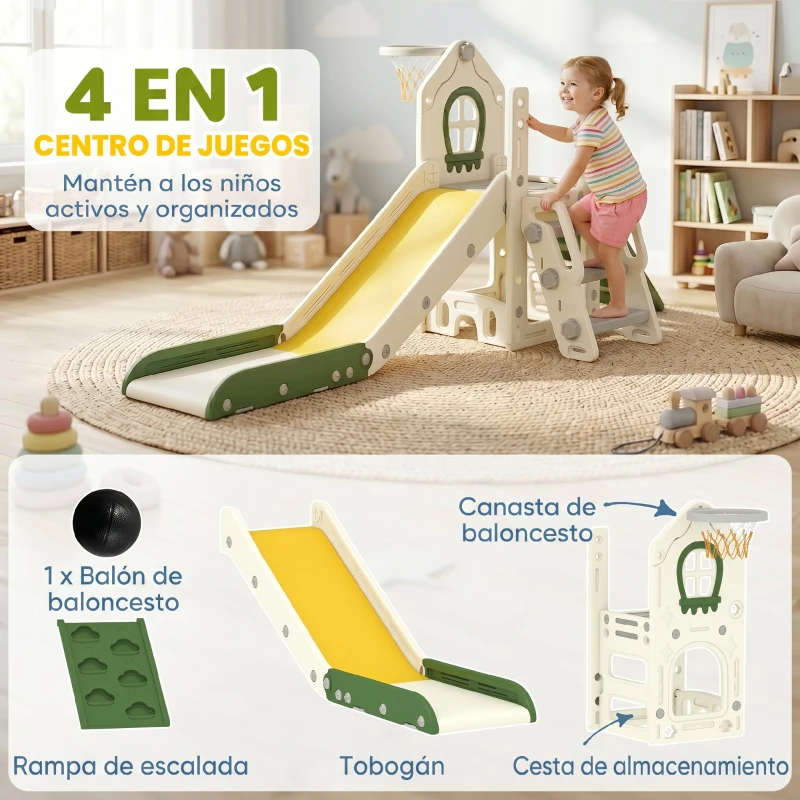 AIYAPLAY Tobogán Infantil Plegable 4 en 1 con Escalador Aro de Baloncesto Pelota Almacenamiento y Peldaños Crema
