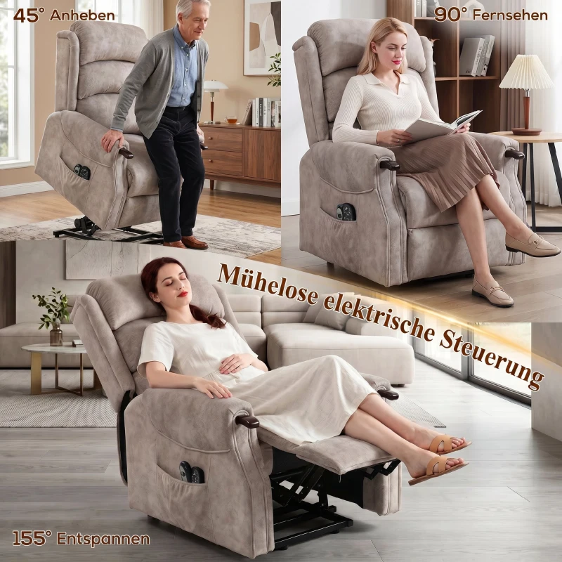 HOMCOM Elektrische Sta-op Fauteuil met Massage, Verwarming en Ligfunctie, Lichtgrijs