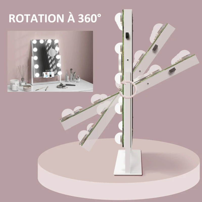 HOMCOM Specchio Hollywood con LED 12 Lampadine, Luminosità Regolabile e Rotazione a 360°, Ingrandimento 10X e touch, 36.5x8.5x45.5 cm, Bianco