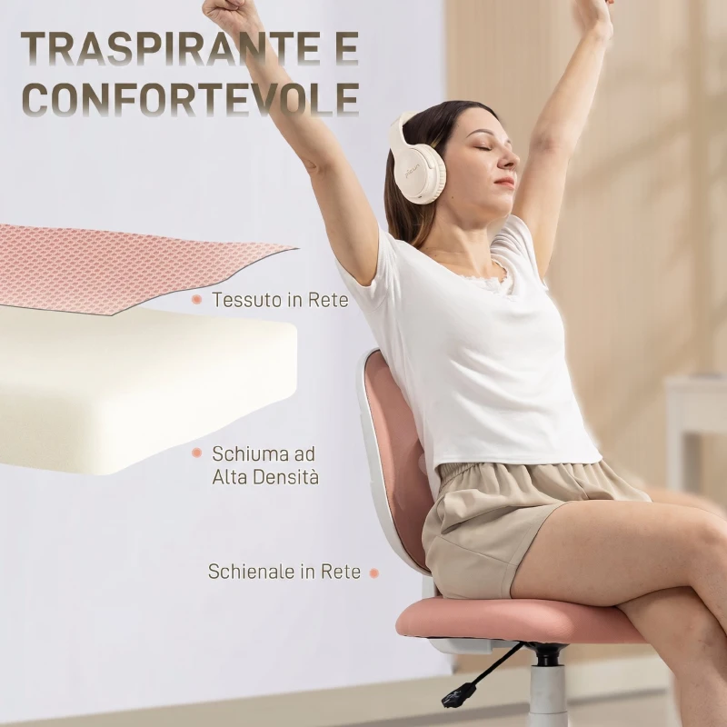 HOMCOM Sedia da Ufficio Ergonomica Girevole in Tessuto a Rete Traspirante Senza Braccioli, Altezza Regolabile, Rosa