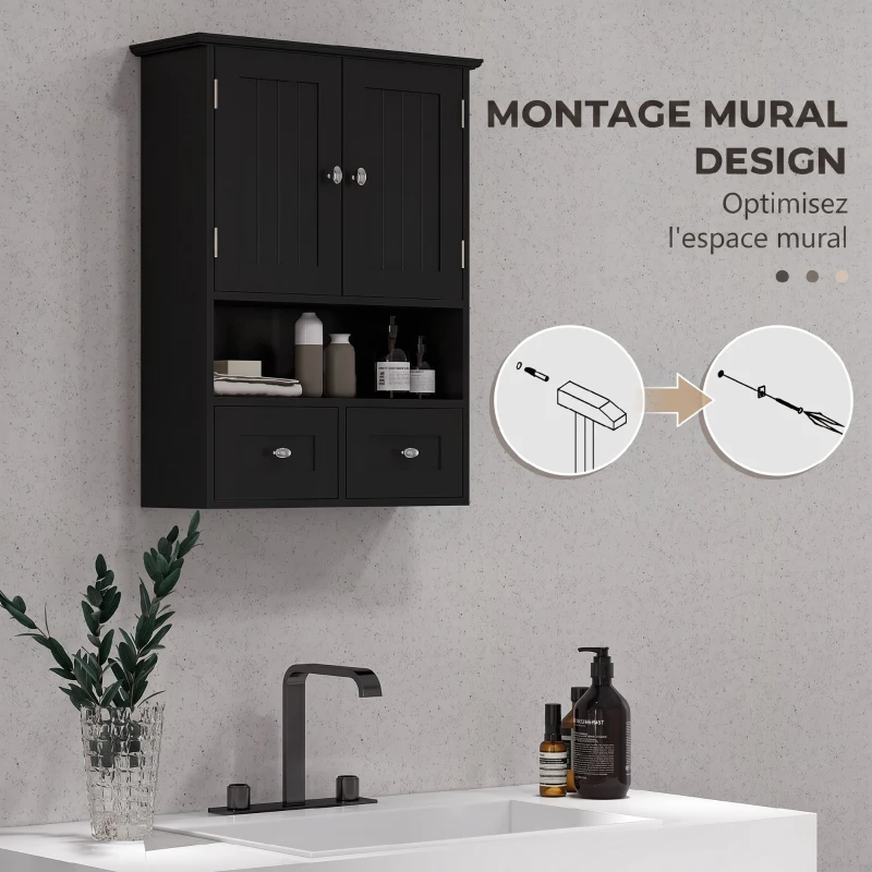 kleankin Armoire murale de salle de bain, armoire de toilette, avec portes, étagère, 2 tiroirs, 50,8l x 17,8P x 66H cm, noir