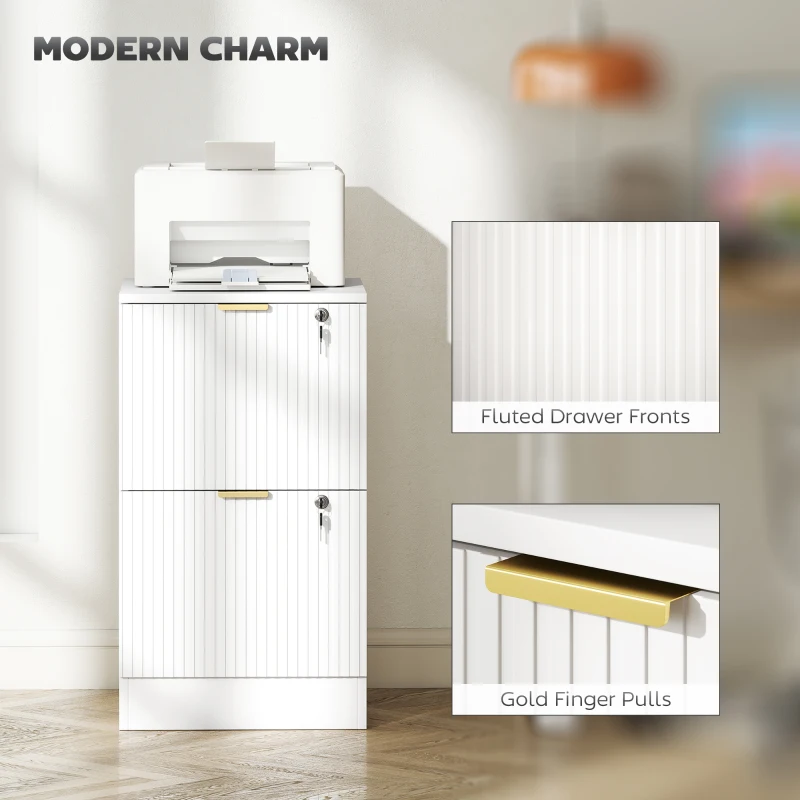 HOMCOM Filing Cabinet, Fluted Vertical File Cabinet with 2 Lockable Drawers and Hanging Rails, White