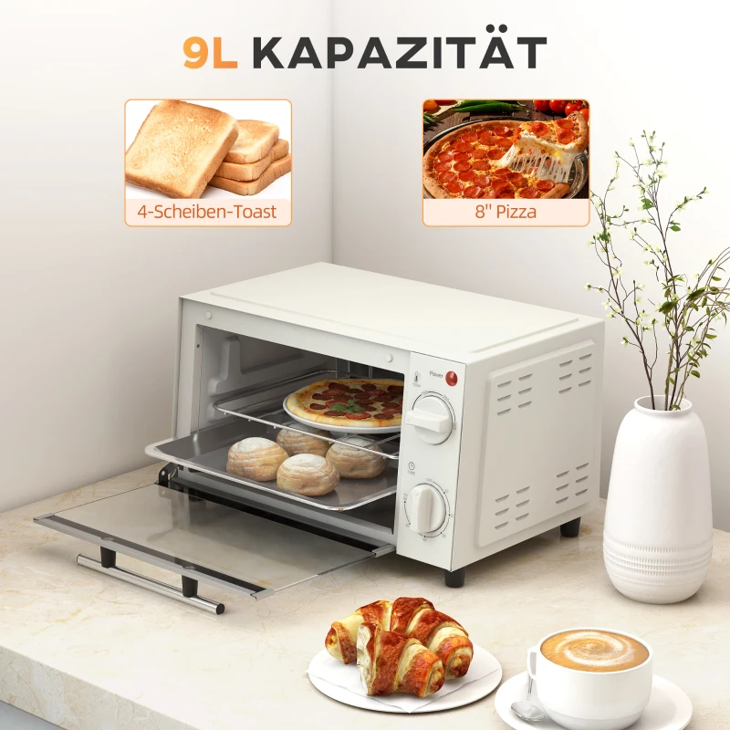 HOMCOM Minibackofen, 9 L Mini-Ofen mit Backblech, Grillrost, mit einstellbarer Temperatur und Garzeit, Edelstahl, Cremeweiß