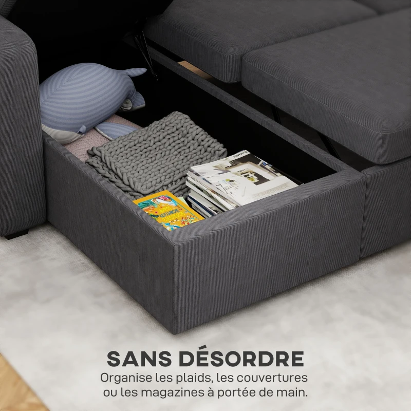 HOMCOM Canapé d'angle convertible en velours côtelé, canapé-lit 3 places avec rangement caché, coussins, 205x135x76cm, gris