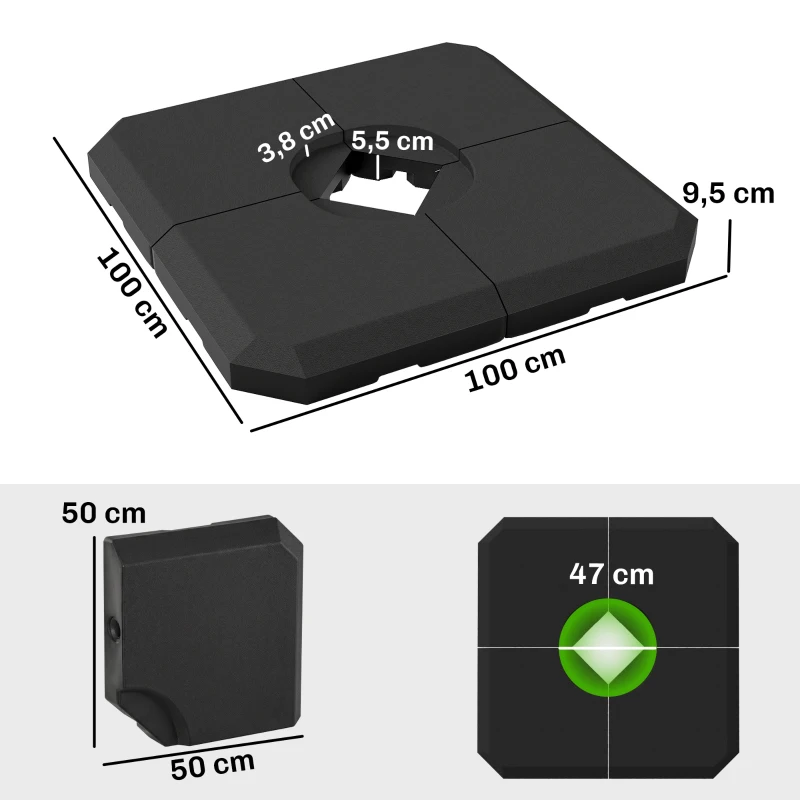 Outsunny Pied de parasol lot de 4 dalles pour parasol à lester - A remplir d'eau jusqu'à 80 kg ou de sable jusqu'à 120 kg - dim. tot. 100L x 100l x 9,5H cm HDPE noir