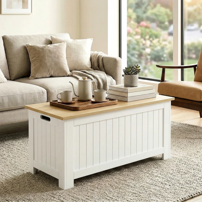 HOMCOM Cufăr de depozitare 90 L cu capac Cufăr versatil cu balama de siguranță 80,5x40x46,4 cm Natural și Alb