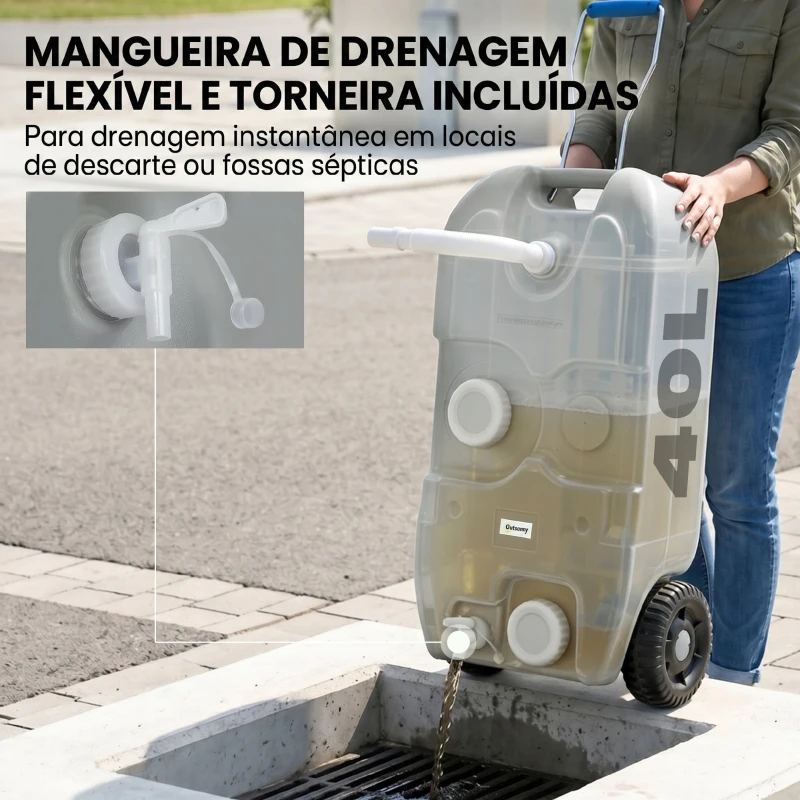 Outsunny Depósito de Água 40 L com Rodas Portátil com Pega Metálica e Torneira para Caravanas Autocaravanas Campismo ao Ar Livre 37x23x80 cm Cinzento