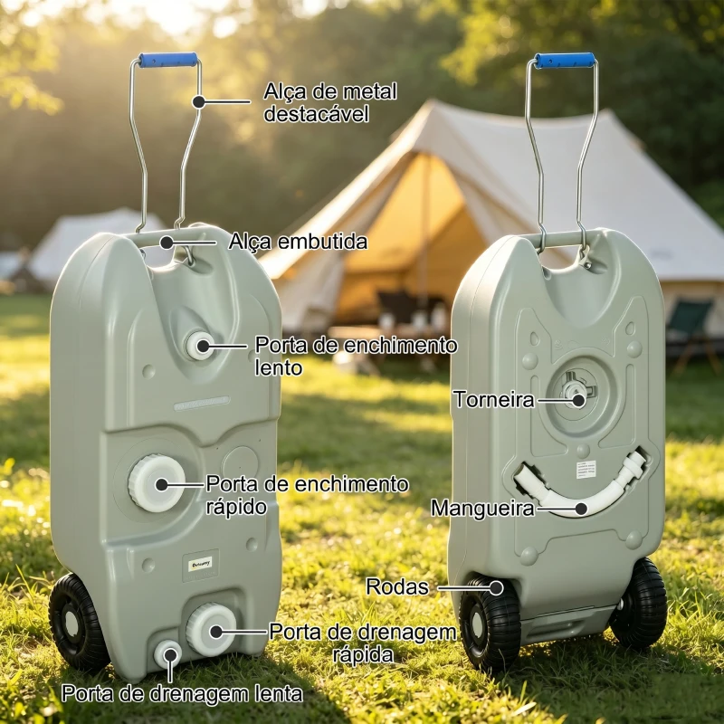 Outsunny Depósito de Água 40 L com Rodas Portátil com Pega Metálica e Torneira para Caravanas Autocaravanas Campismo ao Ar Livre 37x23x80 cm Cinzento