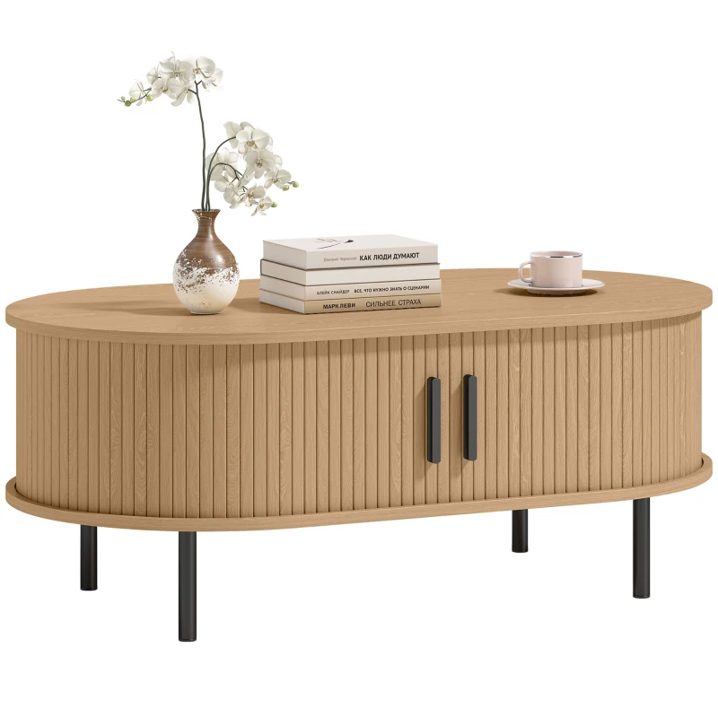 HOMCOM Măsuță de cafea ovală din lemn, masă de salon modernă cu uși glisante și depozitare ascunsă, 100x55x40cm, lemn natural