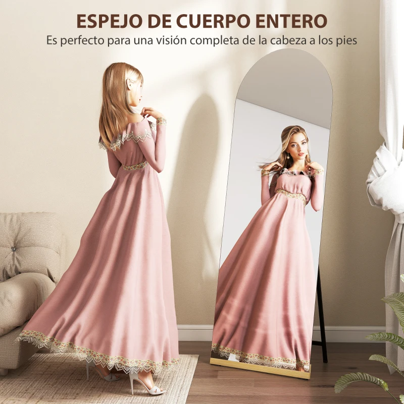 HOMCOM Espejo de Cuerpo Entero Curvado 160x50 cm sin Marco Base de Madera Espejo de Pie Transparente