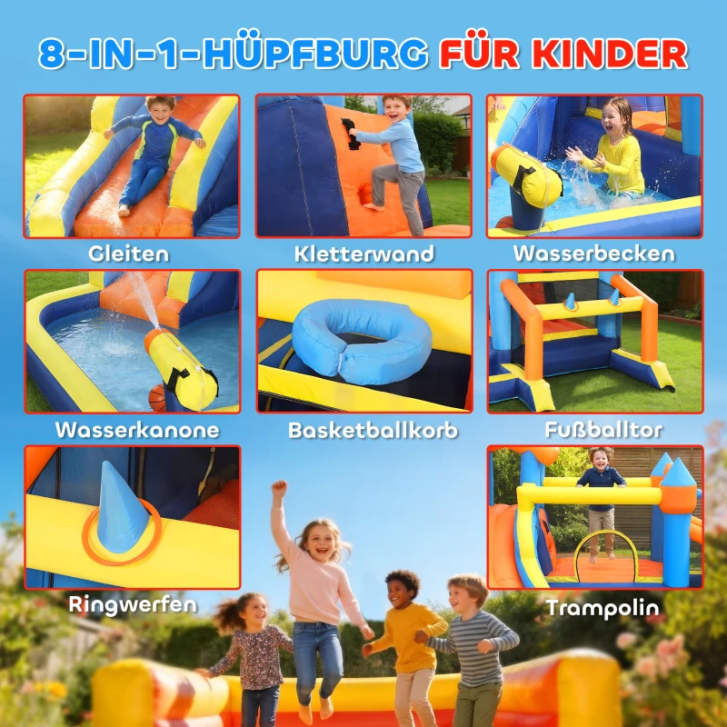 AIYAPLAY 8-in-1 Hüpfburg mit Gebläse Rutsche Planschbecken Trampolin Kletterwand für Indoor Outdoor 350x325x210cm Mehrfarbig