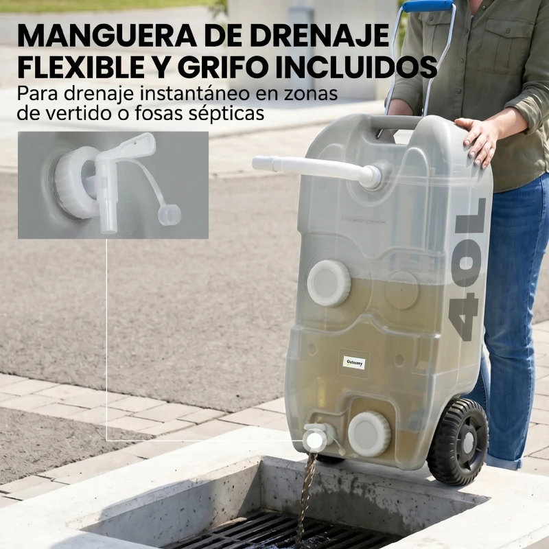 Outsunny Tanque de Agua Portátil 40 L con Ruedas Manija Metálica y Grifo para Caravanas Autocaravanas y Camping 37x23x80 cm Gris