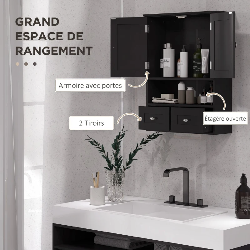 kleankin Armoire murale de salle de bain, armoire de toilette, avec portes, étagère, 2 tiroirs, 50,8l x 17,8P x 66H cm, noir