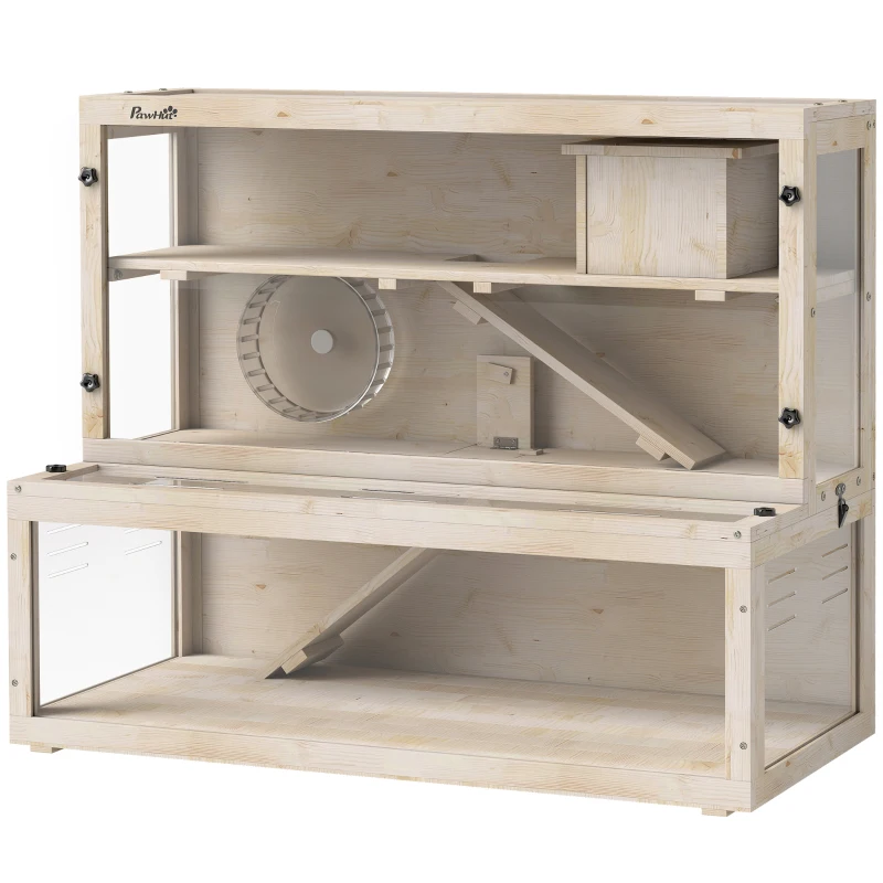 PawHut Wooden Hamster Cage with Hut, Wheel, Ramps, Removable Viewing Panels, 100 x 50 x 84 cm, Natural Wood