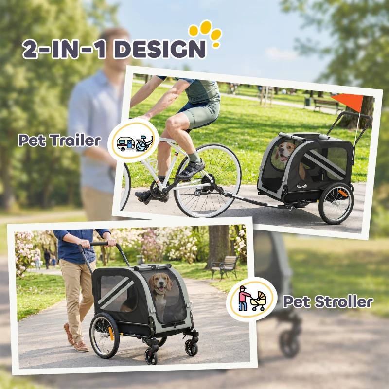 PawHut 2-In-1 Pet Bike Trailer Dog Stroller Pushchair with Universal Wheel Reflector Flag Grey