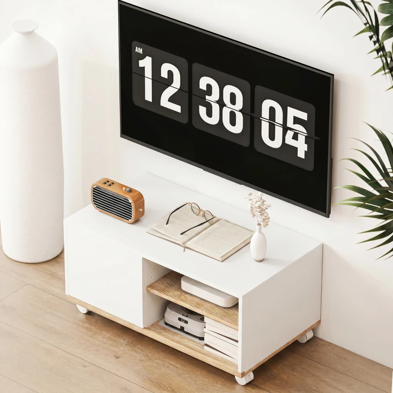 HOMCOM Board TV pe roți cu frâne, mobilier TV cu dulap și raft reglabil, Alb și Stejar