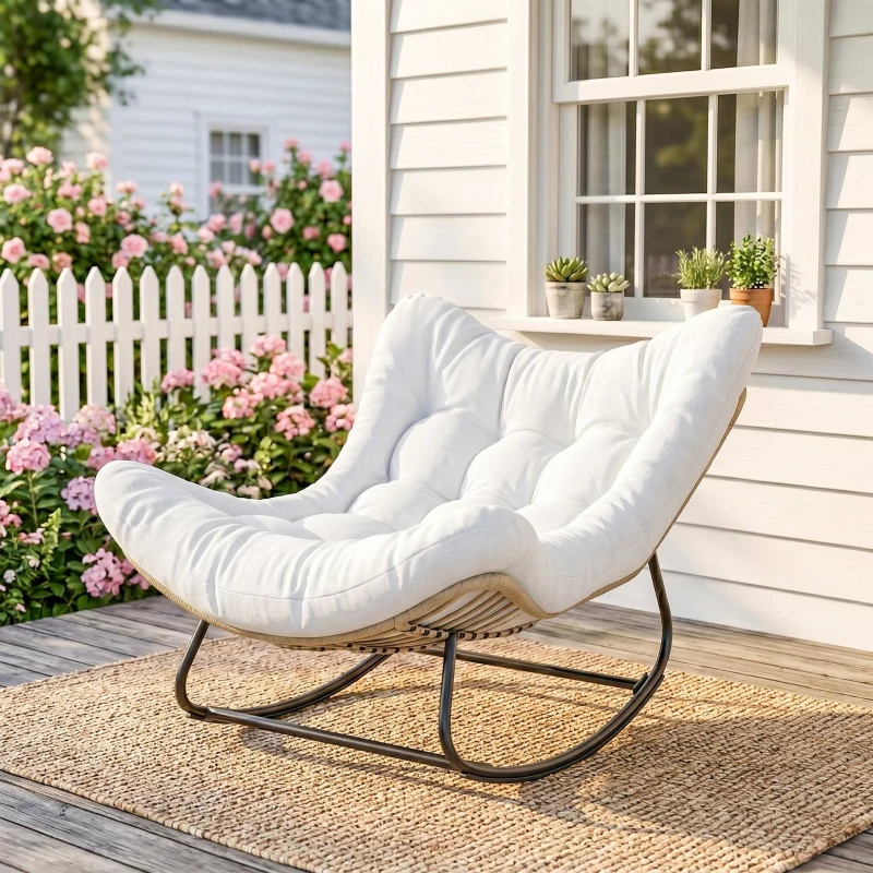 Outsunny Poltrona a Dondolo da Giardino con Cuscino Imbottito, Sedia a forma d'uovo in resina intrecciata, 98x111x74 cm, Crema
