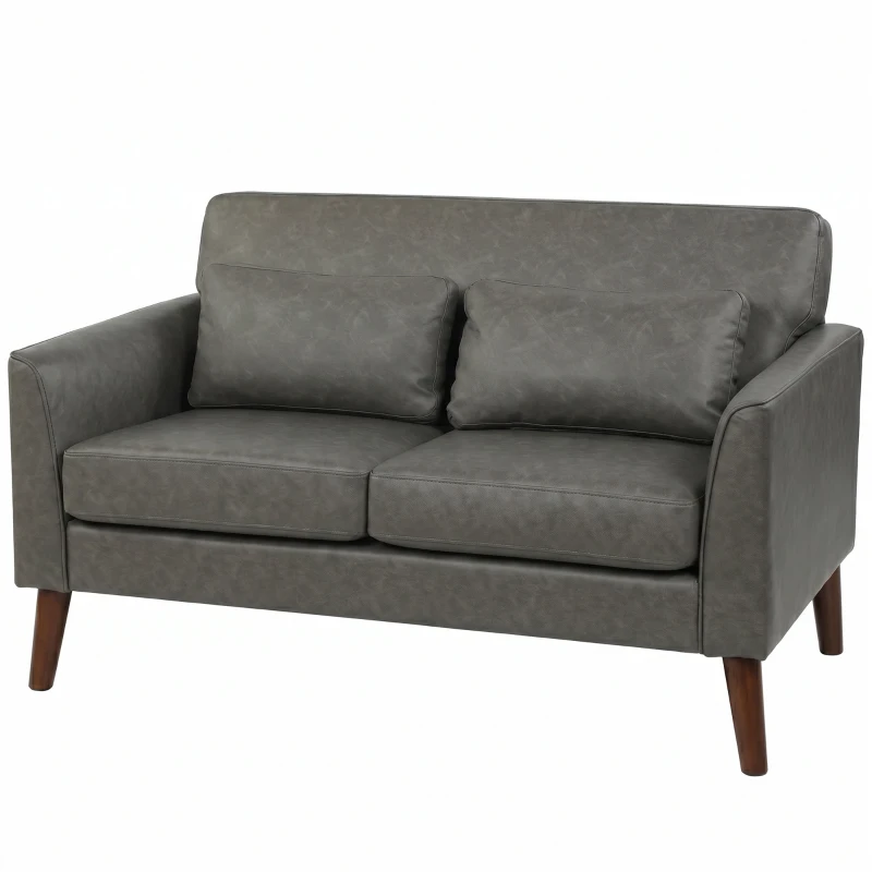 HOMCOM 2 Seater Sofa, 132 cm Modern Small Sofa with Solid Wood Legs and 2 Pillows for Small Space, Grey