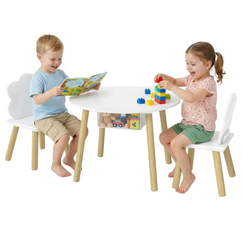 AIYAPLAY Kids Table with Chairs and Storage, 3-piece Children's Furniture Set in White and Natural for Playroom and Nursery