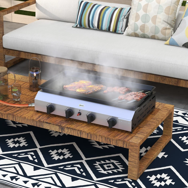 Outsunny Plancha a Gas con 4 Bruciatori 9,6 kW in acciaio inox smaltato, 77x44.5x19 cm, Argento