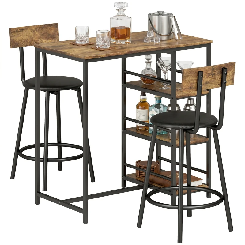 HOMCOM Space Saving Bar Table and PU Leather Stools for 2, 3 Piece Breakfast Bar Table Set with Storage Shelves, Rustic Brown