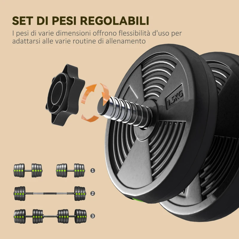 SPORTNOW Set 2 in 1 con 2 Manubri Convertibili in Bilanciere, Peso Totale 30 kg e Dischi Pesi Regolabili, Nero