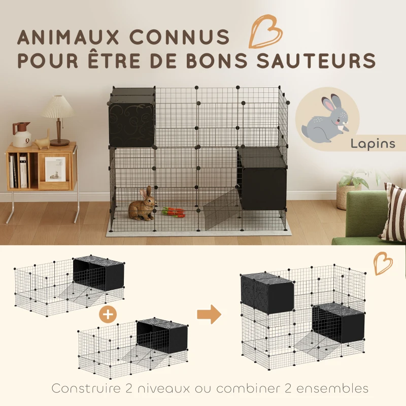 PawHut Enclos pour petits animaux, cage à lapin modulable 31 panneaux avec niches surélevées, en acier, 140x70x52cm, noir