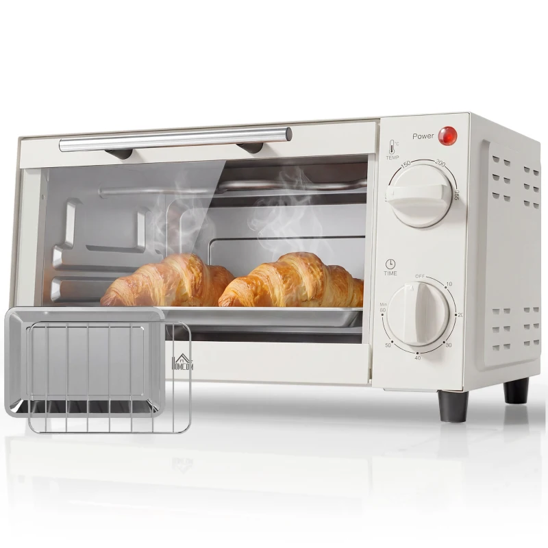 HOMCOM Mini Forno Elétrico 9L com Temperatura Ajustável até 230°C Temporizador 60 min e Bandeja para Assar 35x24,6x20 cm Creme