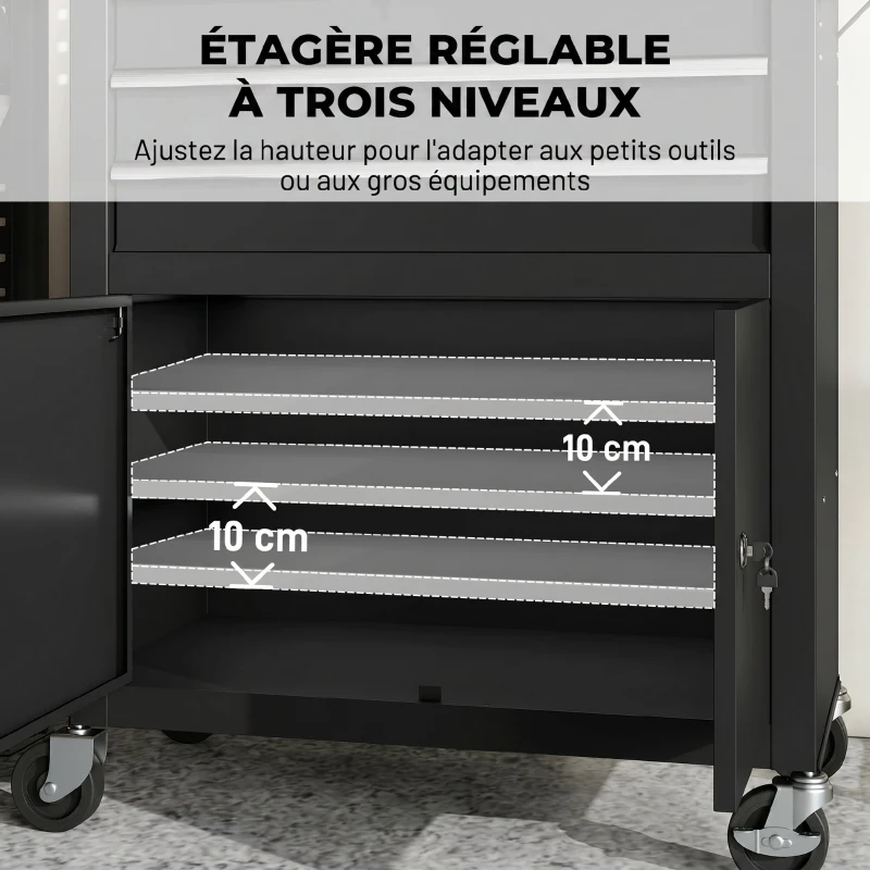 HOMCOM Servante d'atelier en acier à 3 tiroirs, chariot à outils sur roulettes, étagère réglable, panneau perforé, noir