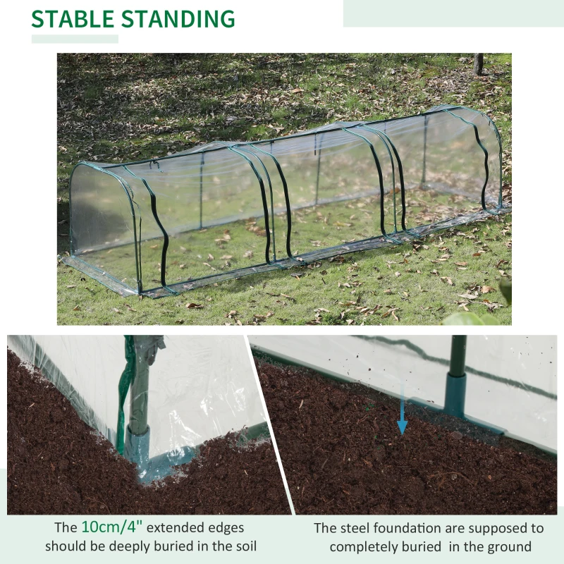 Outsunny PVC Tunnel Greenhouse - Plant Grow House with Steel Frame for Garden Backyard, Zipper Doors, 350Lx100Wx80H cm, Transparent