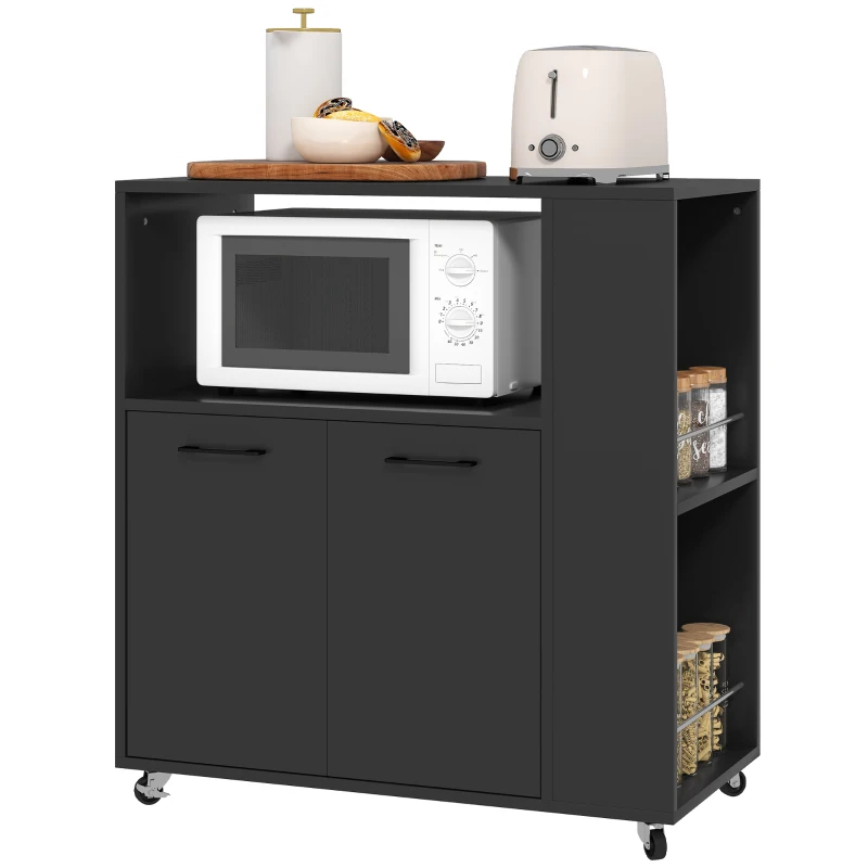 HOMCOM Kitchen Trolley on Wheels, Rolling Kitchen Island Cart with 2-Door Cabinet, Spice Rack and Adjustable Shelf, Black