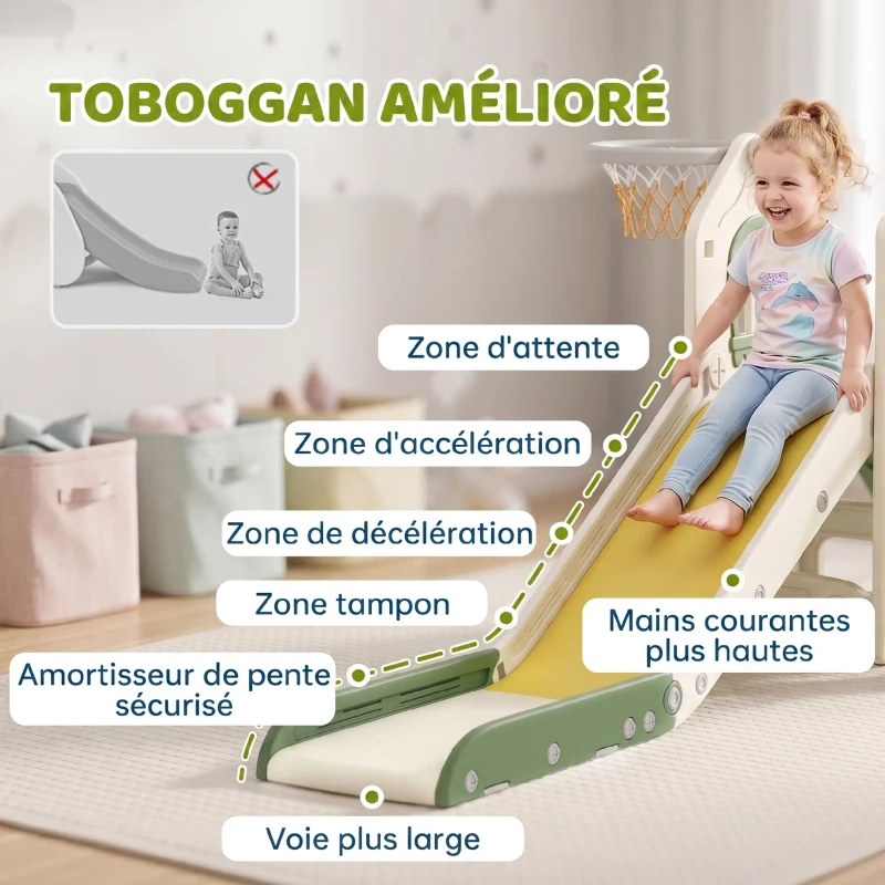 AIYAPLAY Toboggan pour Enfant Pliable 4-en-1 avec Escalade, Panier de Basket, Espace de Rangement et Ballon, Crème