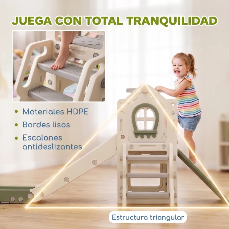 AIYAPLAY Tobogán Infantil Plegable 4 en 1 con Escalador Aro de Baloncesto Pelota Almacenamiento y Peldaños Crema