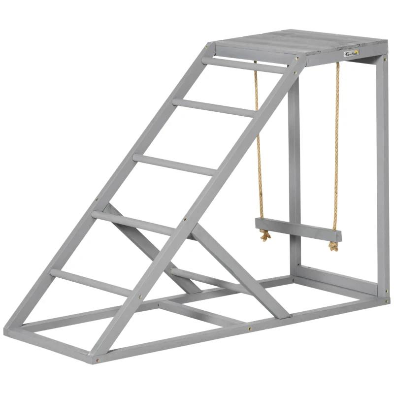 PawHut Perchoir en bois pour poule, aire de jeux en bois pour poules avec balançoire, échelle, plateforme, 96 x 40 x 71 cm, gris
