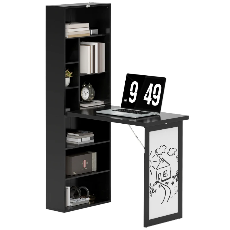 HOMCOM Moderner klappbarer Schreibtisch mit Regal und Tafel, Holz und Metall, 98x51x153 cm, Schwarz