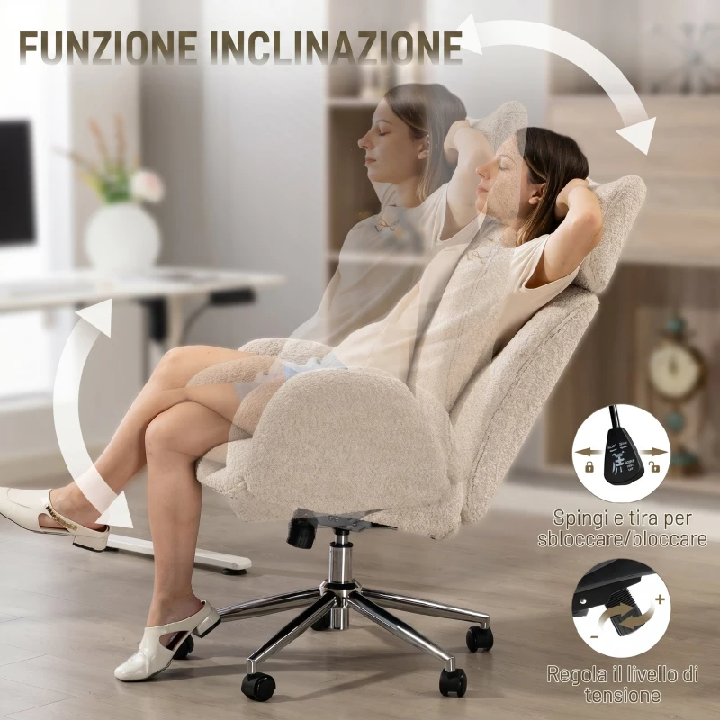 HOMCOM Sedia Ufficio Girevole in Bouclé con Poggiatesta. Altezza Regolabili, Funzione Dondolo, Grigio Chiaro-Bianco