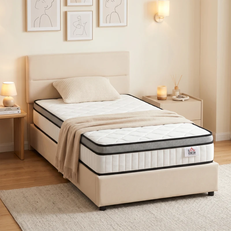 HOMCOM Saltea 90 x 190 cm, grosime 20cm, saltea cu arcuri ensachate 7 zone spumă cu memorie infuzată cu gel răcoritor